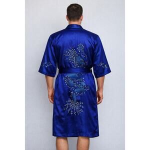 Vintage 1980s–1990s Dragon Embroidered Satin Kimono Robe Blue Unisex large